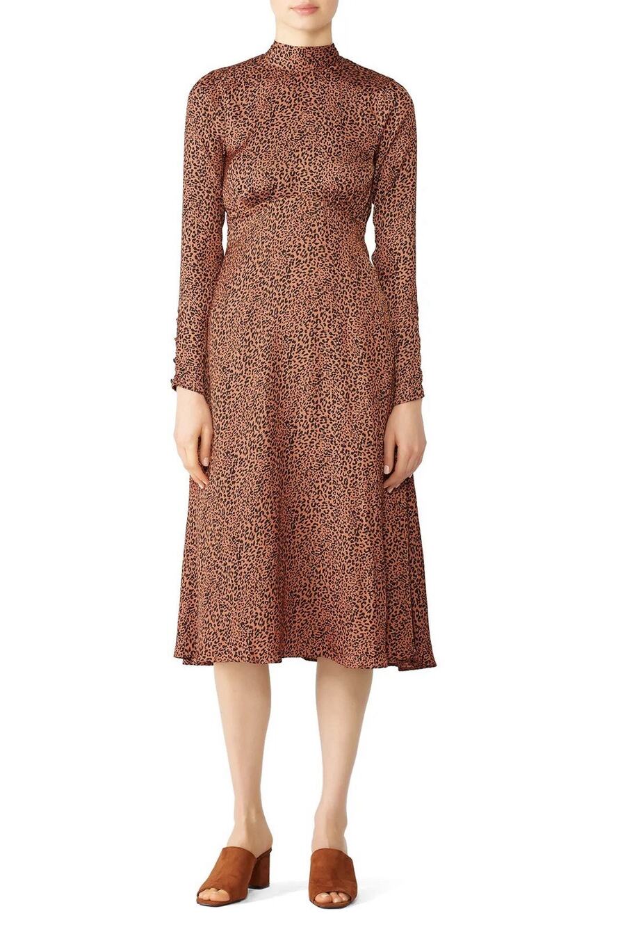 Free People Leopard Midi Dress Open Back Mock Neck Boho Slip XS